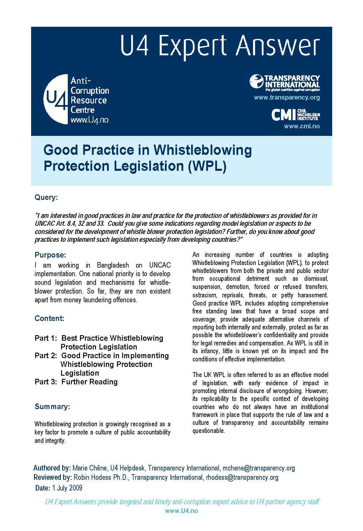 Good Practice in Whistle blowing Protection Legislation (WPL)